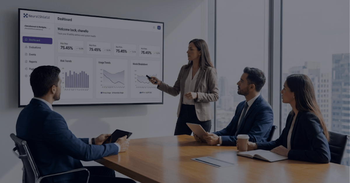 NeuralShield AI software being presented in an enterprise boardroom setting. The image shows a live demonstration of the security dashboard's risk analysis features to a group of professional decision-makers.