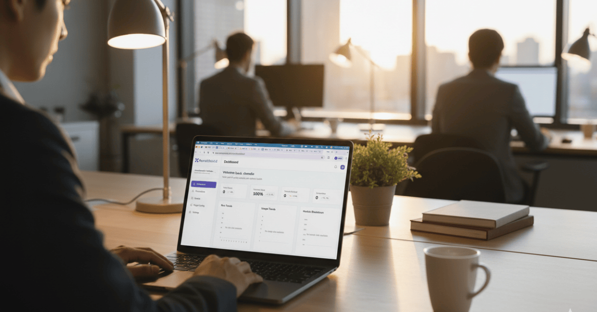 A wide-angle, cinematic shot of a sunlit office at sunset. Foreground: a person using a laptop displaying a data-heavy software dashboard. Background: a professional workspace with coworkers and large windows overlooking a city skyline.
