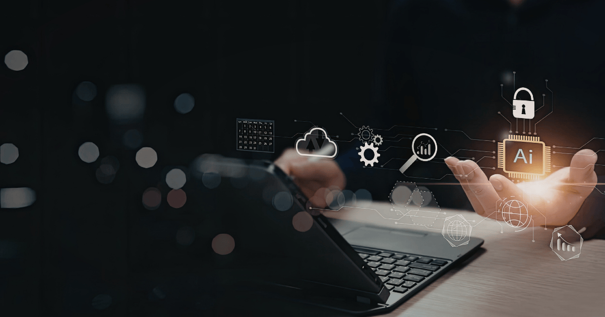 A person holding a glowing digital AI chip surrounded by icons for security, cloud computing, and data analytics over a laptop in a dark workspace.