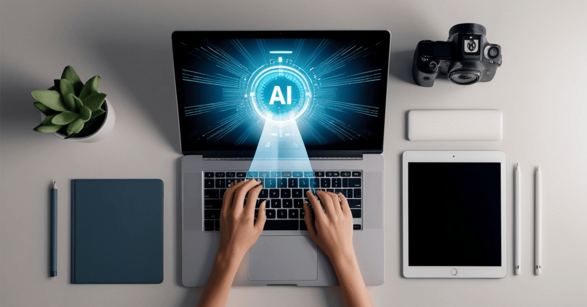 Top-down view of a person typing on a laptop with a glowing blue 
